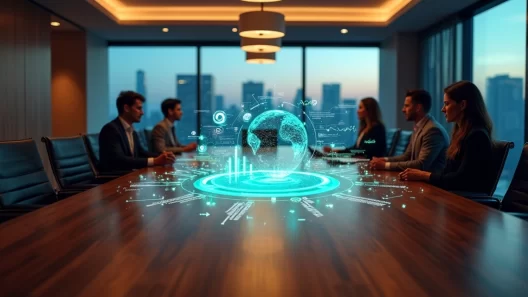 Mesa de reunião moderna com gráficos digitais flutuando ligando indicadores operacionais a metas estratégicas da empresa