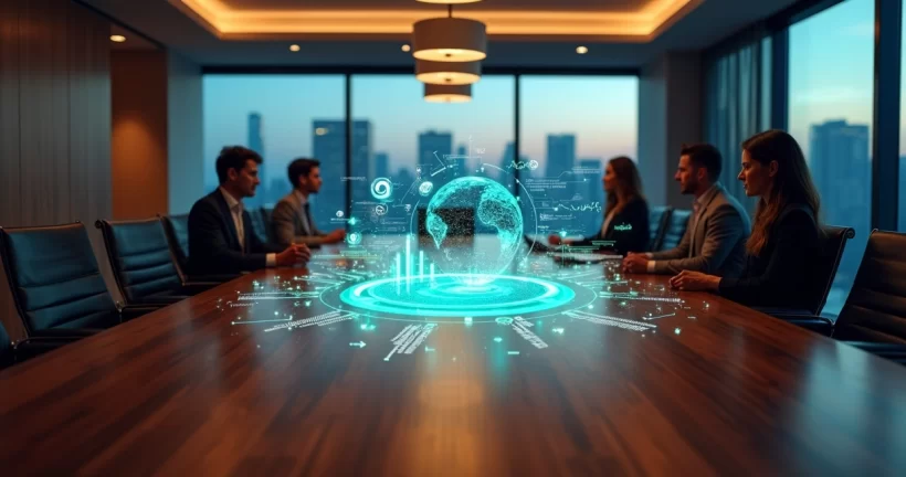 Mesa de reunião moderna com gráficos digitais flutuando ligando indicadores operacionais a metas estratégicas da empresa