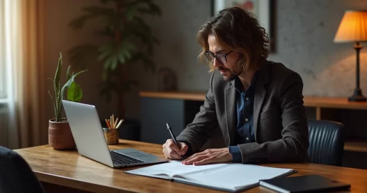 Empreendedor revisando matriz SWOT em laptop numa mesa moderna de escritório