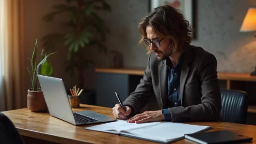 Empreendedor revisando matriz SWOT em laptop numa mesa moderna de escritório