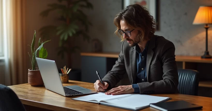 Empreendedor revisando matriz SWOT em laptop numa mesa moderna de escritório