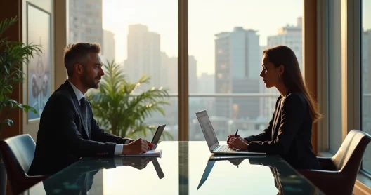 Entrevistadora e entrevistado profissionais em ambiente de escritório moderno, sentados à mesa com laptop e bloco de anotações