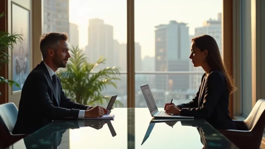 Entrevistadora e entrevistado profissionais em ambiente de escritório moderno, sentados à mesa com laptop e bloco de anotações