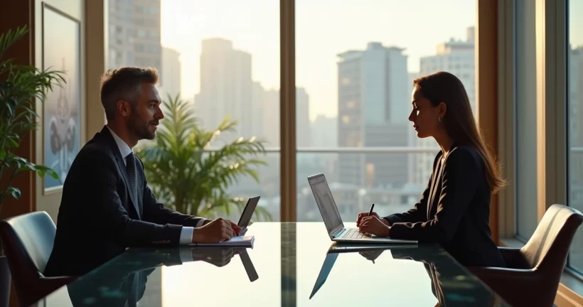 Entrevistadora e entrevistado profissionais em ambiente de escritório moderno, sentados à mesa com laptop e bloco de anotações