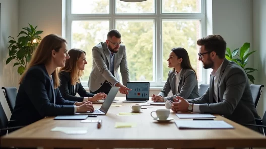 Equipe de trabalho autogerenciável reunida ao redor de mesa moderna discutindo projetos