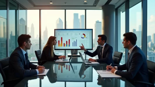 Profissionais em reunião de negócios em ambiente moderno com gráficos e laptop aberto na mesa