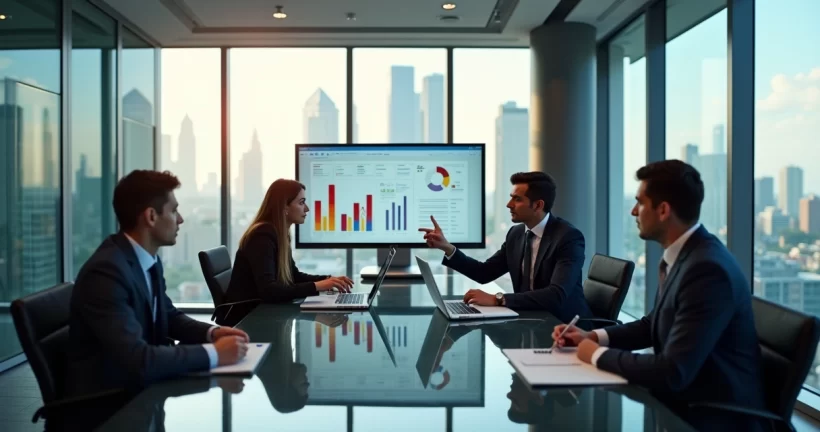 Profissionais em reunião de negócios em ambiente moderno com gráficos e laptop aberto na mesa