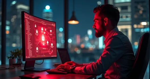 Gestor com expressão atenta em frente a tela de computador com alertas de segurança cibernética iluminados em vermelho