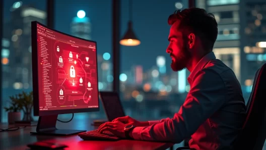 Gestor com expressão atenta em frente a tela de computador com alertas de segurança cibernética iluminados em vermelho