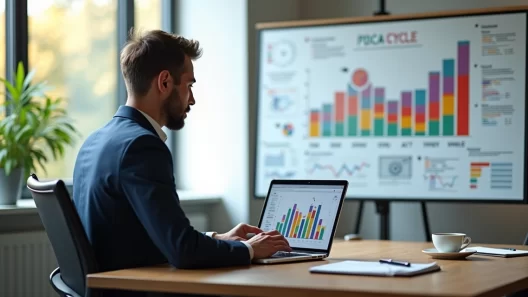 Gestor analisando gráfico colorido com quadro branco e planejamento PDCA ao fundo