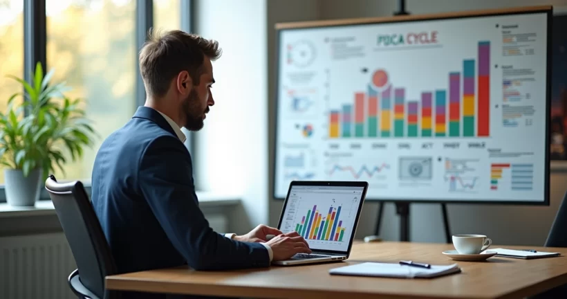 Gestor analisando gráfico colorido com quadro branco e planejamento PDCA ao fundo