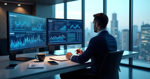 Gestor em escritório moderno analisando gráficos e planejando estratégias de gestão proativa