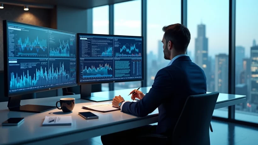 Gestor em escritório moderno analisando gráficos e planejando estratégias de gestão proativa