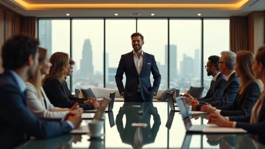 Gestor em reunião elegante com equipe de profissionais em ambiente de escritório moderno e luxuoso