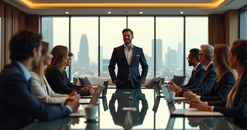 Gestor em reunião elegante com equipe de profissionais em ambiente de escritório moderno e luxuoso