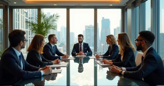 Equipe de líderes em reunião moderna, discutindo estratégias sob luz natural em ambiente corporativo sofisticado
