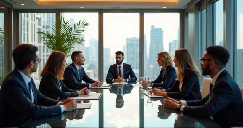Equipe de líderes em reunião moderna, discutindo estratégias sob luz natural em ambiente corporativo sofisticado