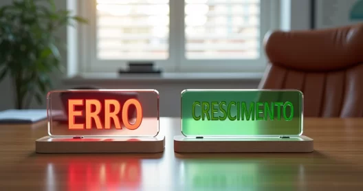 Placas com palavras erro e crescimento em mesa de escritório elegante