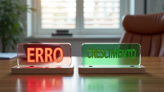 Placas com palavras erro e crescimento em mesa de escritório elegante