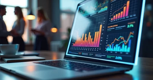 Gráfico detalhado de indicadores de desempenho em tela digital com gráficos de barras e linhas em ambiente corporativo moderno
