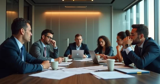 Equipe em reunião tensa com expressões de conflito e desconforto ao redor da mesa de escritório
