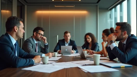 Equipe em reunião tensa com expressões de conflito e desconforto ao redor da mesa de escritório