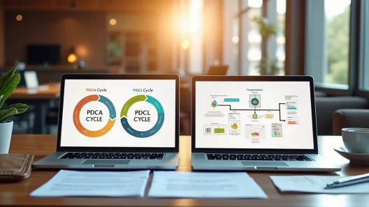 Mesa de escritório com documentos, gráficos e laptops exibindo diagramas PDCA e PDCL lado a lado, ambiente luxuoso e moderno