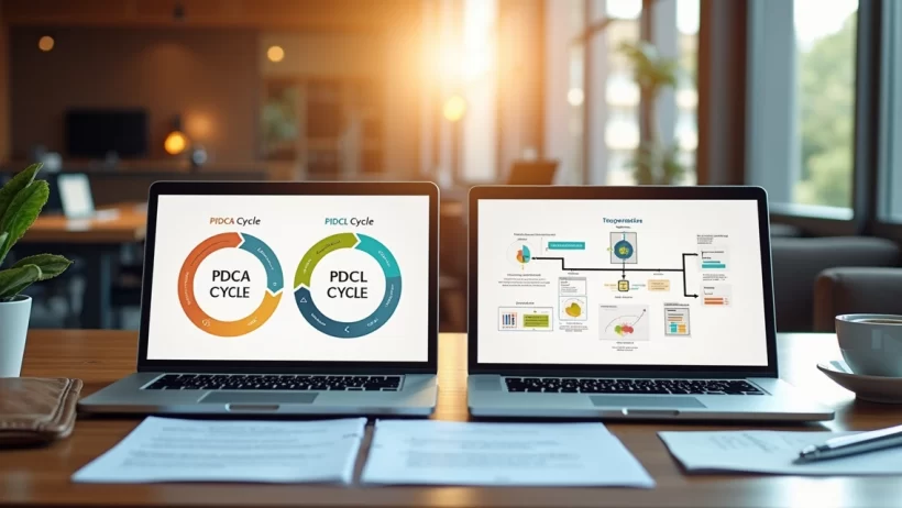 Mesa de escritório com documentos, gráficos e laptops exibindo diagramas PDCA e PDCL lado a lado, ambiente luxuoso e moderno