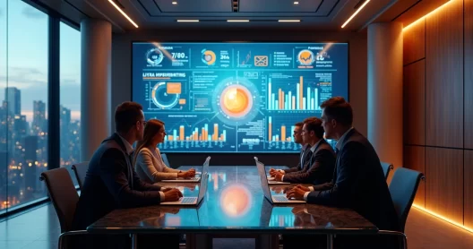 Equipe executiva analisando gráficos e dados de benchmarking em tela digital ultramoderna