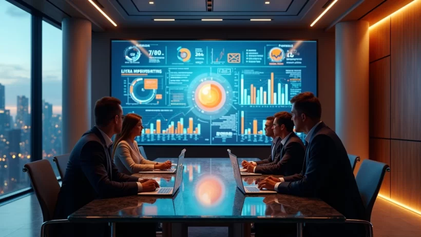 Equipe executiva analisando gráficos e dados de benchmarking em tela digital ultramoderna