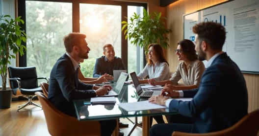 Equipe de trabalho discutindo estratégias ao redor de mesa moderna em escritório luxuoso