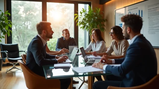 Equipe de trabalho discutindo estratégias ao redor de mesa moderna em escritório luxuoso