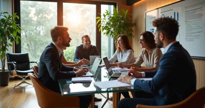 Equipe de trabalho discutindo estratégias ao redor de mesa moderna em escritório luxuoso