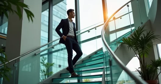Homem elegante subindo escada de vidro em escritório moderno e luxuoso