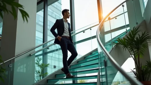 Homem elegante subindo escada de vidro em escritório moderno e luxuoso