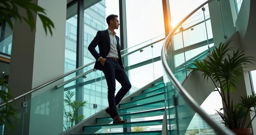 Homem elegante subindo escada de vidro em escritório moderno e luxuoso