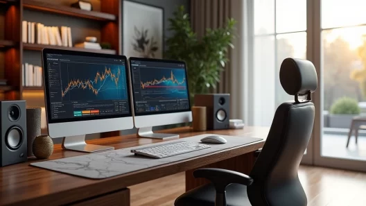 Escritório moderno para home office com organização e equipamentos tecnológicos de última geração em ambiente luxuoso