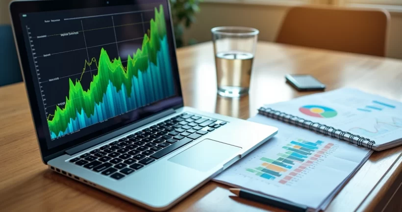 Mesa elegante de escritório com laptop, gráficos de crescimento e documentos estratégicos em ambiente moderno e sofisticado