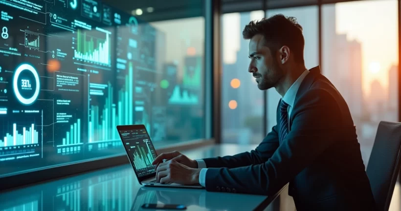 Gerente usando tablet e laptop em escritório moderno com telas exibindo gráficos digitais e automação