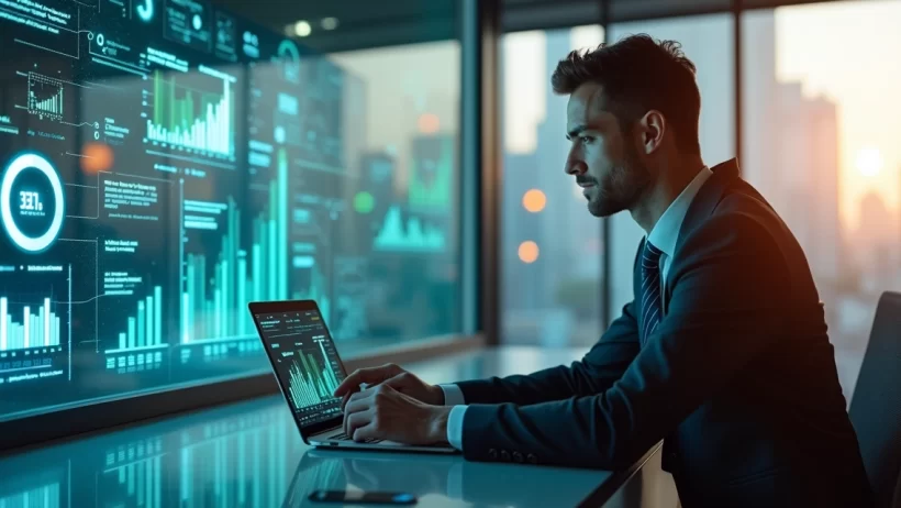 Gerente usando tablet e laptop em escritório moderno com telas exibindo gráficos digitais e automação