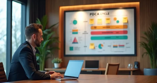 Gestor observando quadro com etapas do ciclo PDCA em sala de reuniões moderna