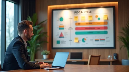 Gestor observando quadro com etapas do ciclo PDCA em sala de reuniões moderna