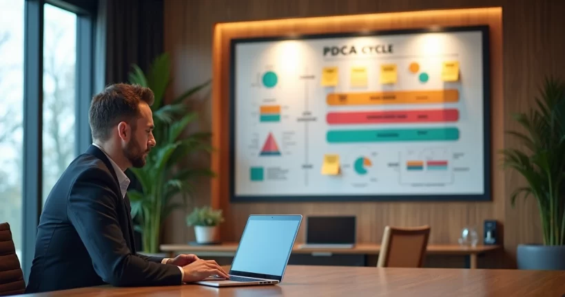 Gestor observando quadro com etapas do ciclo PDCA em sala de reuniões moderna