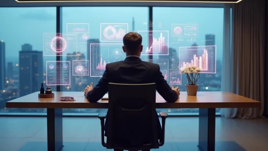 Gestor analisando gráficos digitais e dados com IA generativa em ambiente corporativo elegante