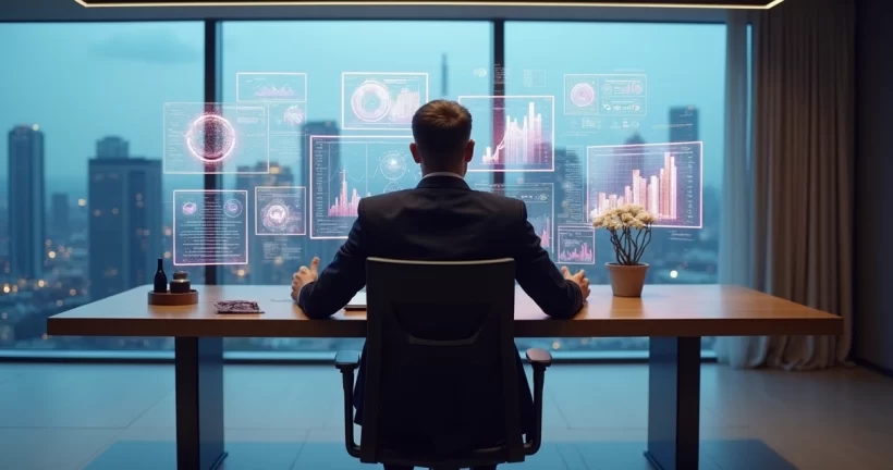 Gestor analisando gráficos digitais e dados com IA generativa em ambiente corporativo elegante