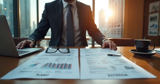 Gestor analisando gráficos e planejamentos distintos em ambiente de escritório moderno