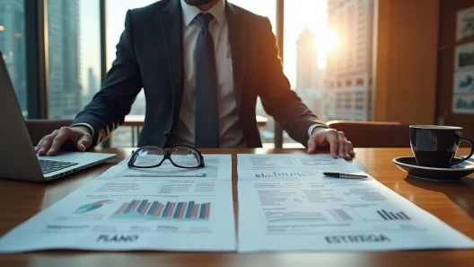 Gestor analisando gráficos e planejamentos distintos em ambiente de escritório moderno