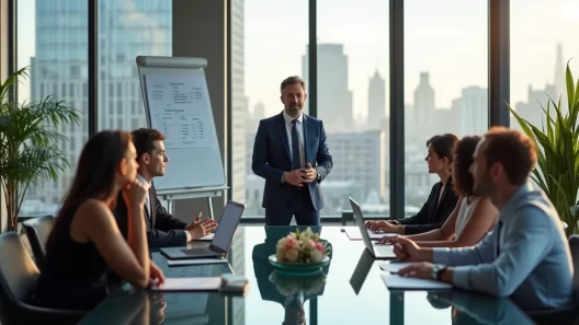 Gestor conversando com equipe em sala de reunião moderna, ambiente sofisticado e iluminação natural