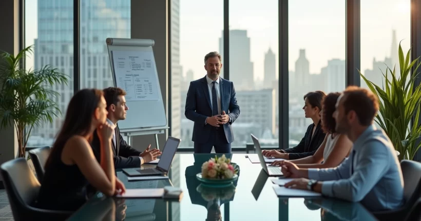 Gestor conversando com equipe em sala de reunião moderna, ambiente sofisticado e iluminação natural