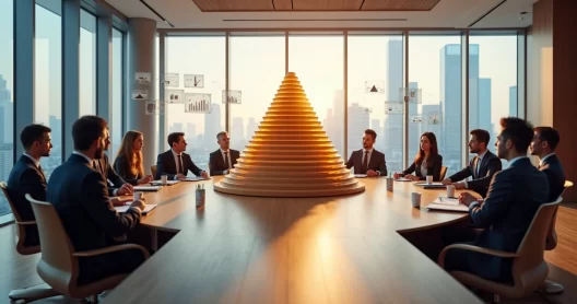 Representação detalhada da pirâmide de Maslow em ambiente empresarial moderno com líderes discutindo estratégias